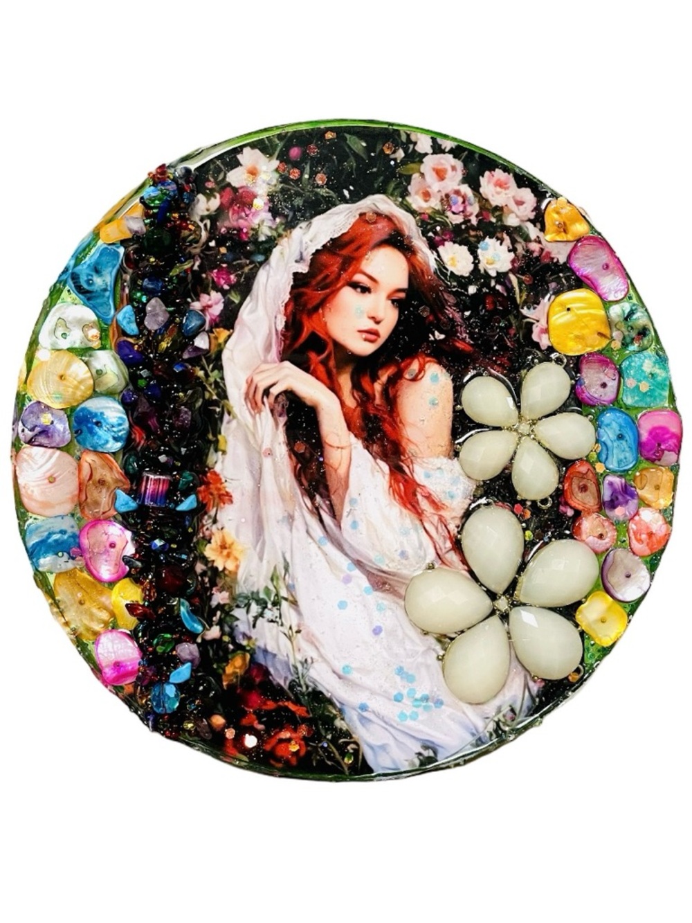 Round Floral Art Plaque with Red-Haired Maiden and reclaimed jewelry accents